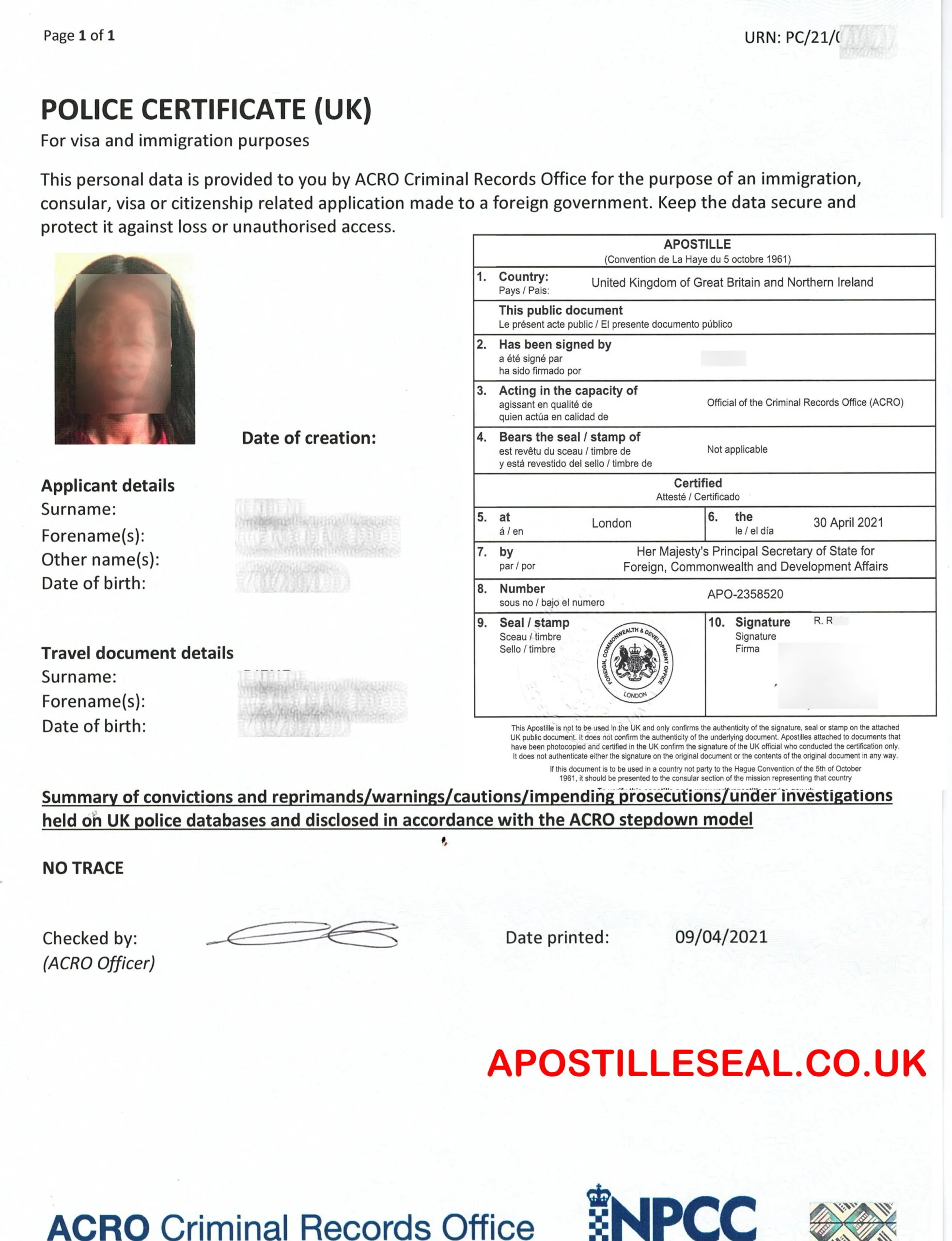 Certified police certificate translation FBI ACRO into German