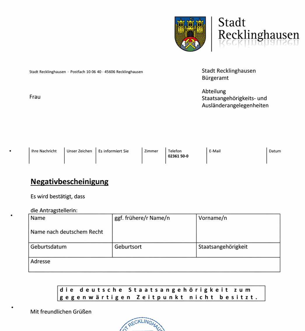 Negativbescheinigung Übersetzung