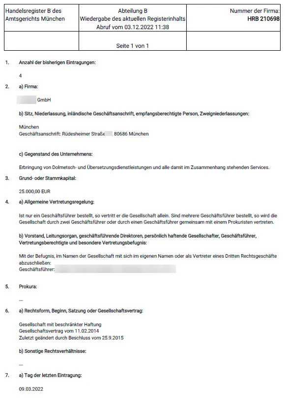 Handelsregisterauszug übersetzen Deutsch Russisch Englisch